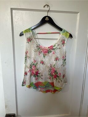 Persaya Floral Boho Tank Top Crop Multi-Border Slub Knit Size Small EUC
